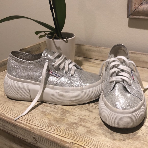 SOLD Superga Silver/Glitter Platform Sneakers - Picture 1 of 3